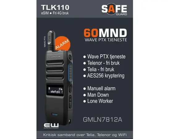 Motorola varekode: GMLN7811A
TLK110 abonnement
Type: Safeguard
60 mnd Wave PTX Tjeneste
Telenor dekning - fri bruk
Telia dekning - fri bruk
WiFi roaming
Alarm ManDown og LoneWorker mm
Ingen bindingstid